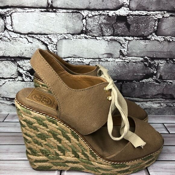 Tory Burch Brown Canvas Textile Green Tan Espadrilles Wedge Women Sz 10M US/41EU - Picture 7 of 16